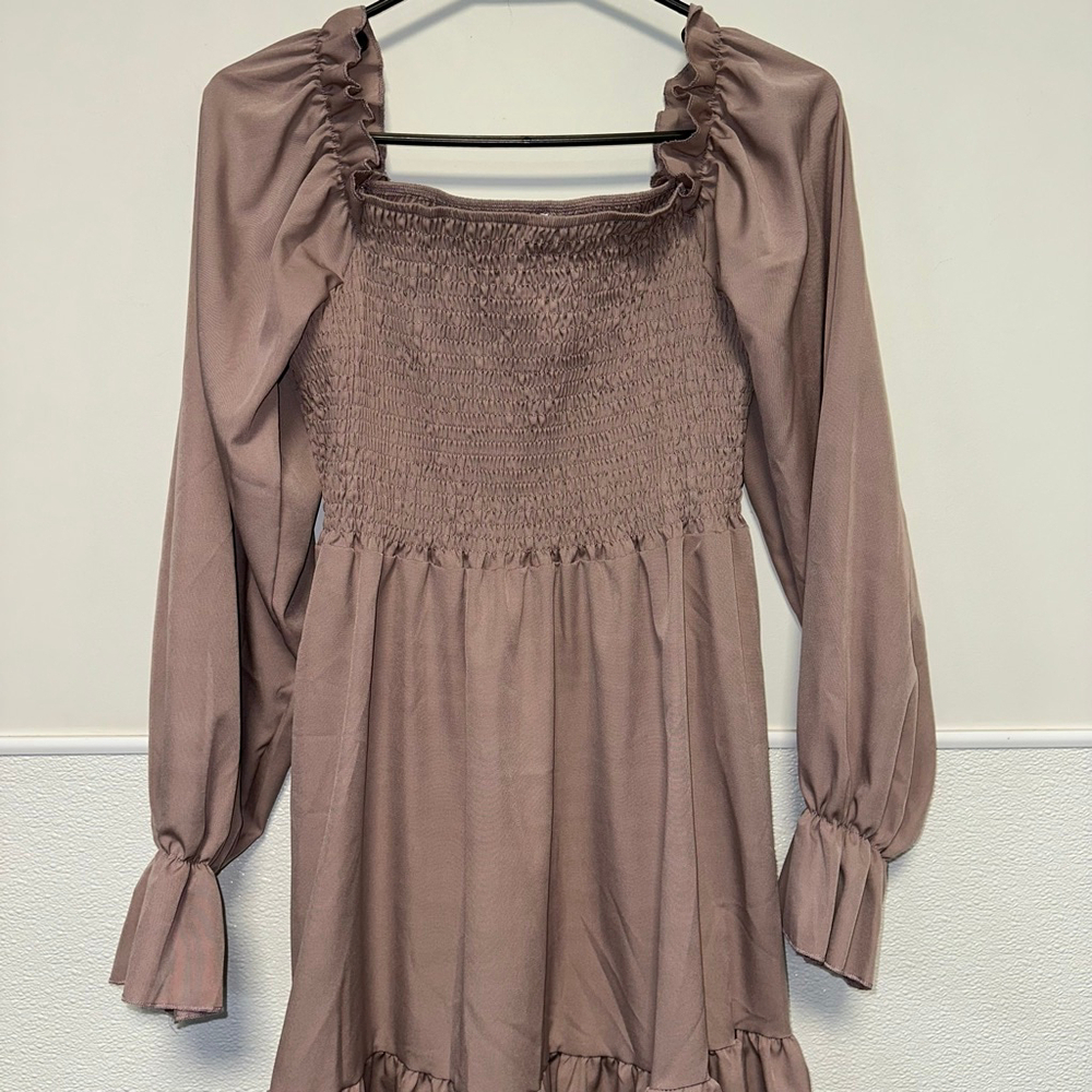 Women's Smocked Square Neck Dress Mauve Size Medium babydoll long sleeve Boho - Picture 8 of 14